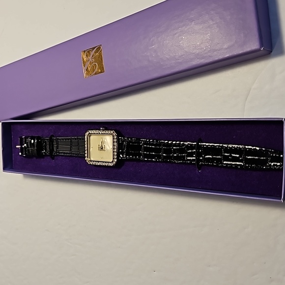 ELIZABETH TAYLOR AVON Rhinestone on Black Strap Watch - Picture 2 of 10